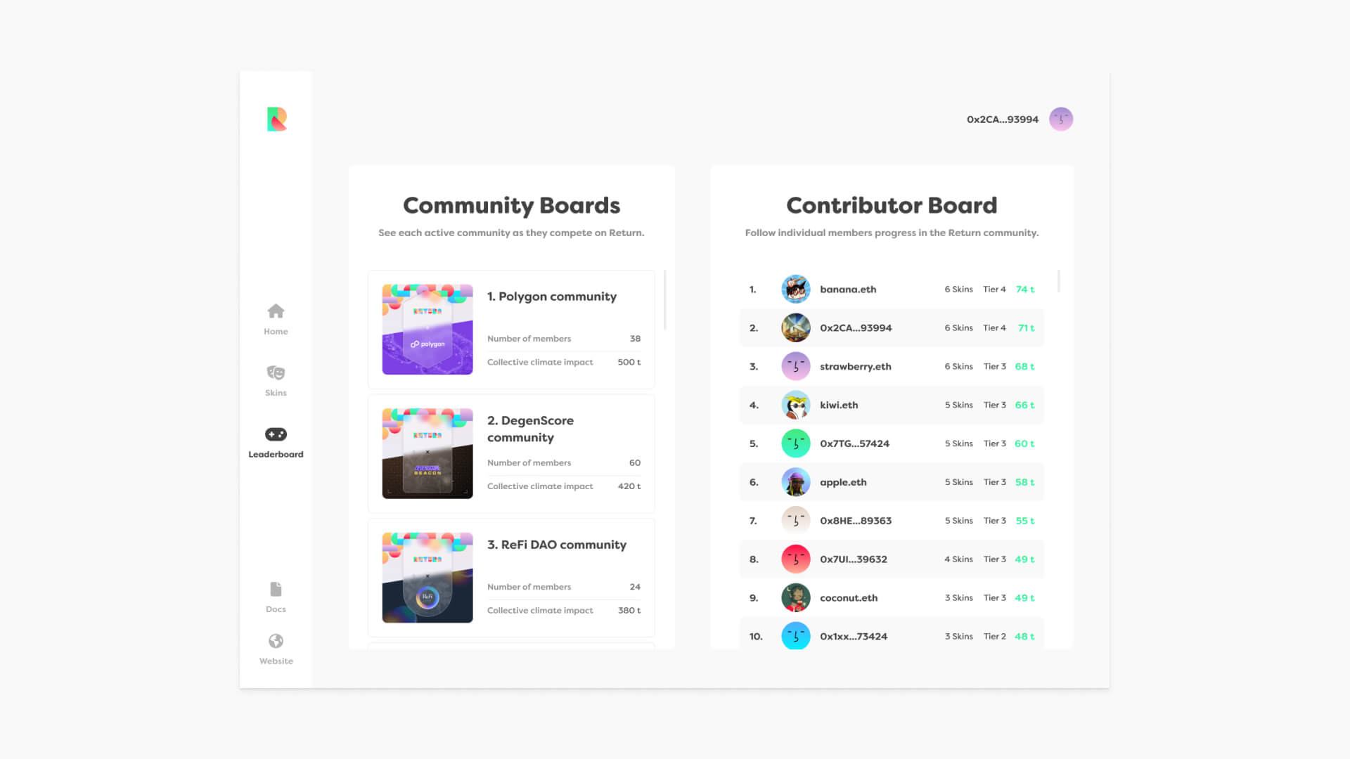 Return dApp – Dashboard Community Boards view